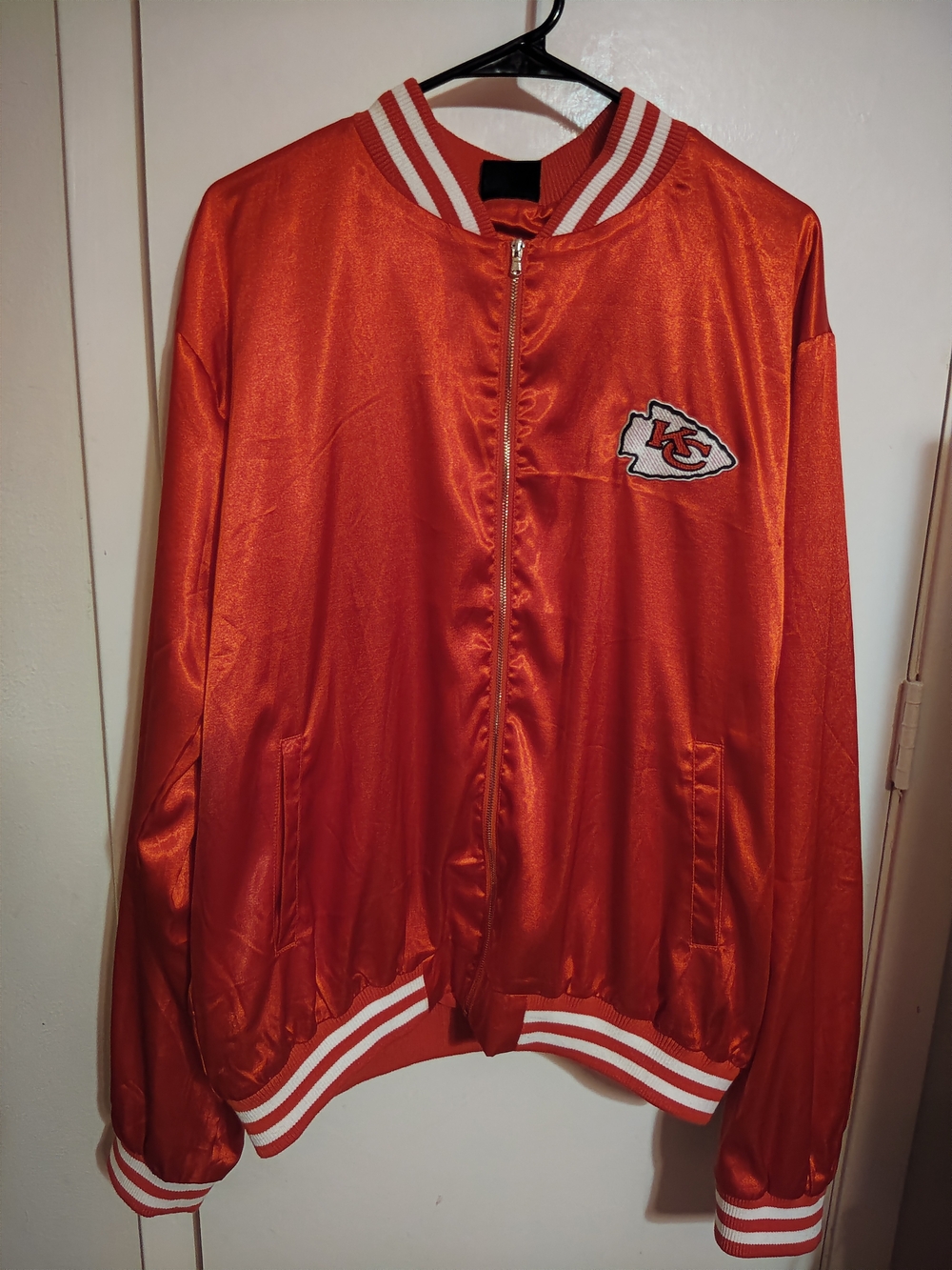NFL Satin Red Kansas City Chiefs Jacket with White Stripe Trim.